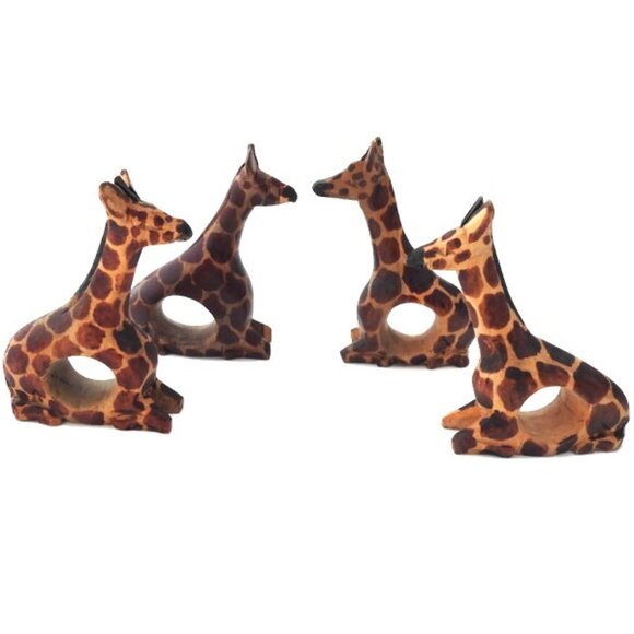 Hand-carved Giraffe Wood Napkin Rings African Safari Set of 4 Kenya